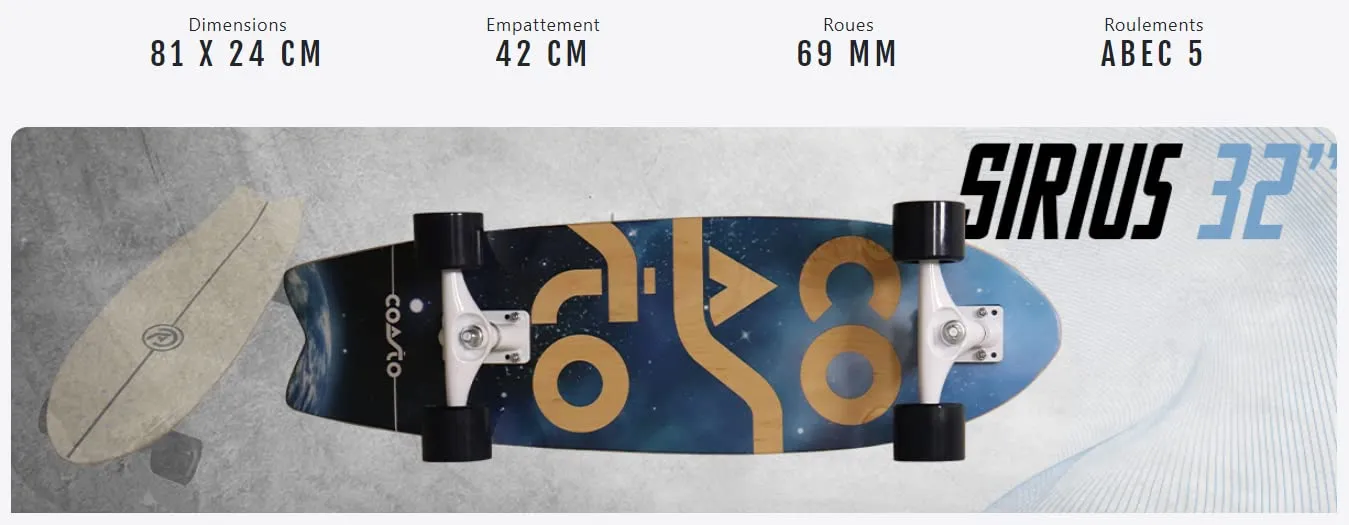 Coasto Sirius 32 surfskate kicktail ruote 82A