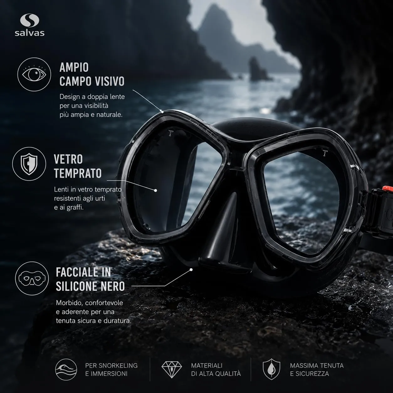 Salvas Phoenix maschera sub nera doppia lente silicone