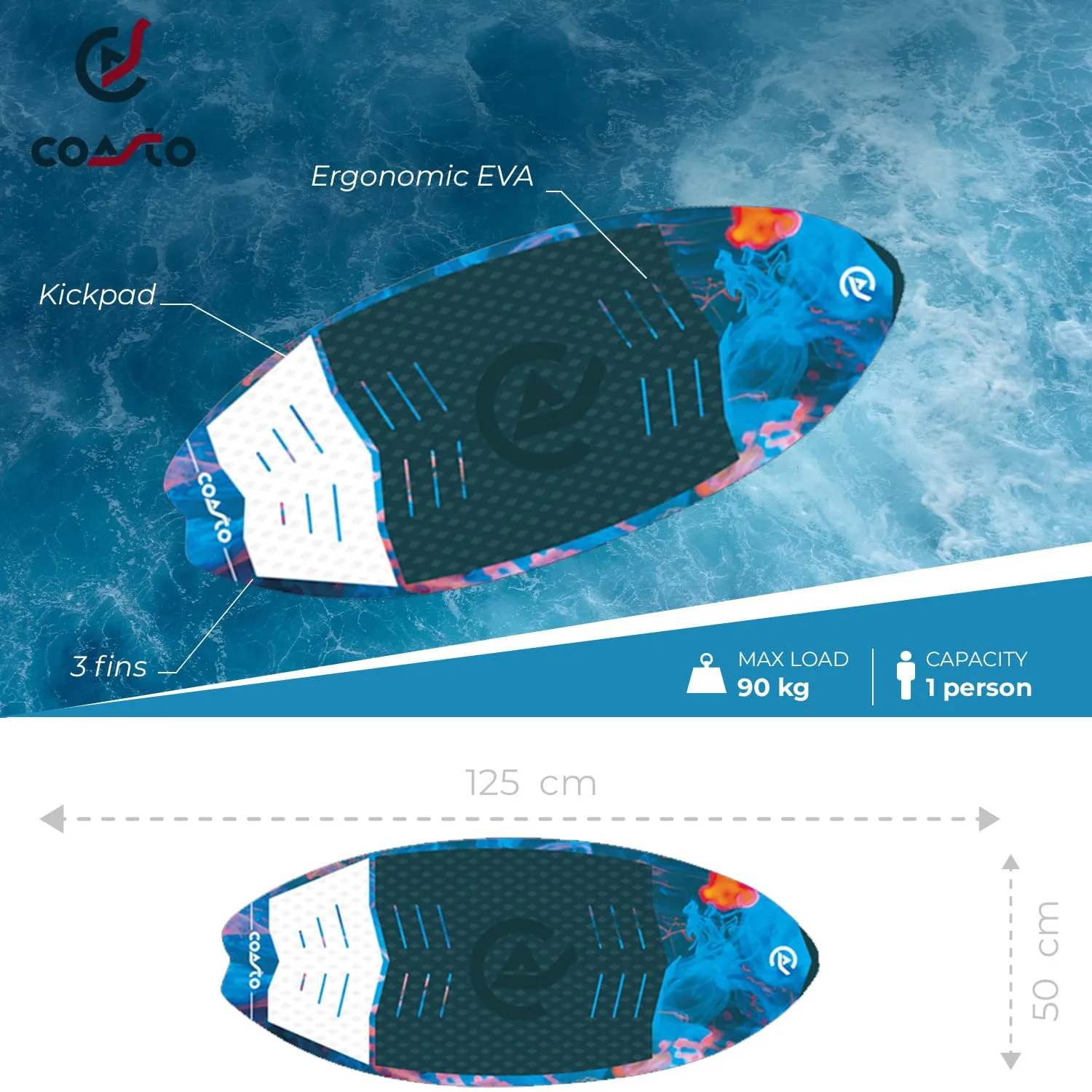Coasto Coast Opal wakesurf rigido con pad EVA