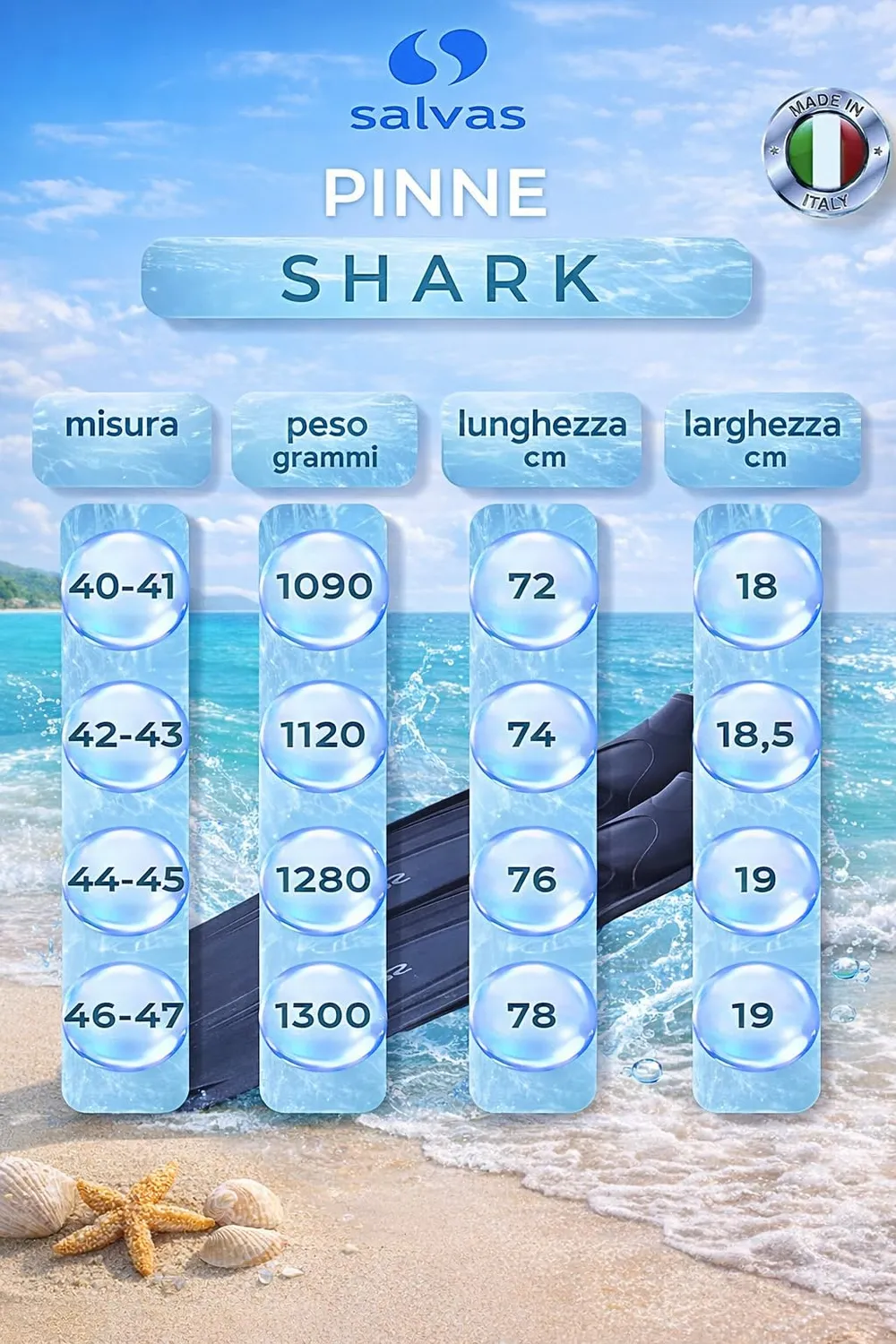 Salvas Shark pinne a pala lunga 42/43 nere