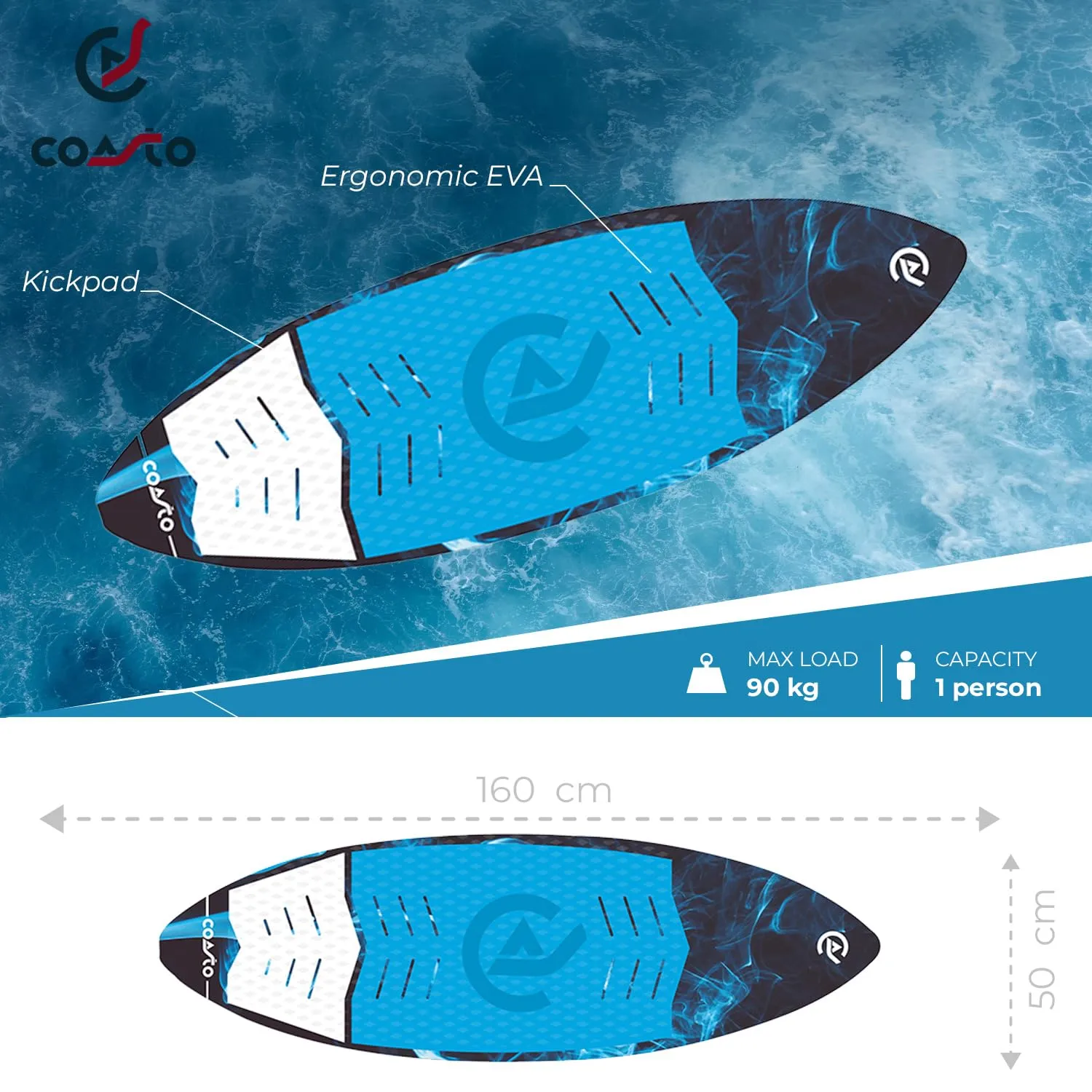 Coasto Onyx wakesurf rigido EVA kickpad 3 pinne