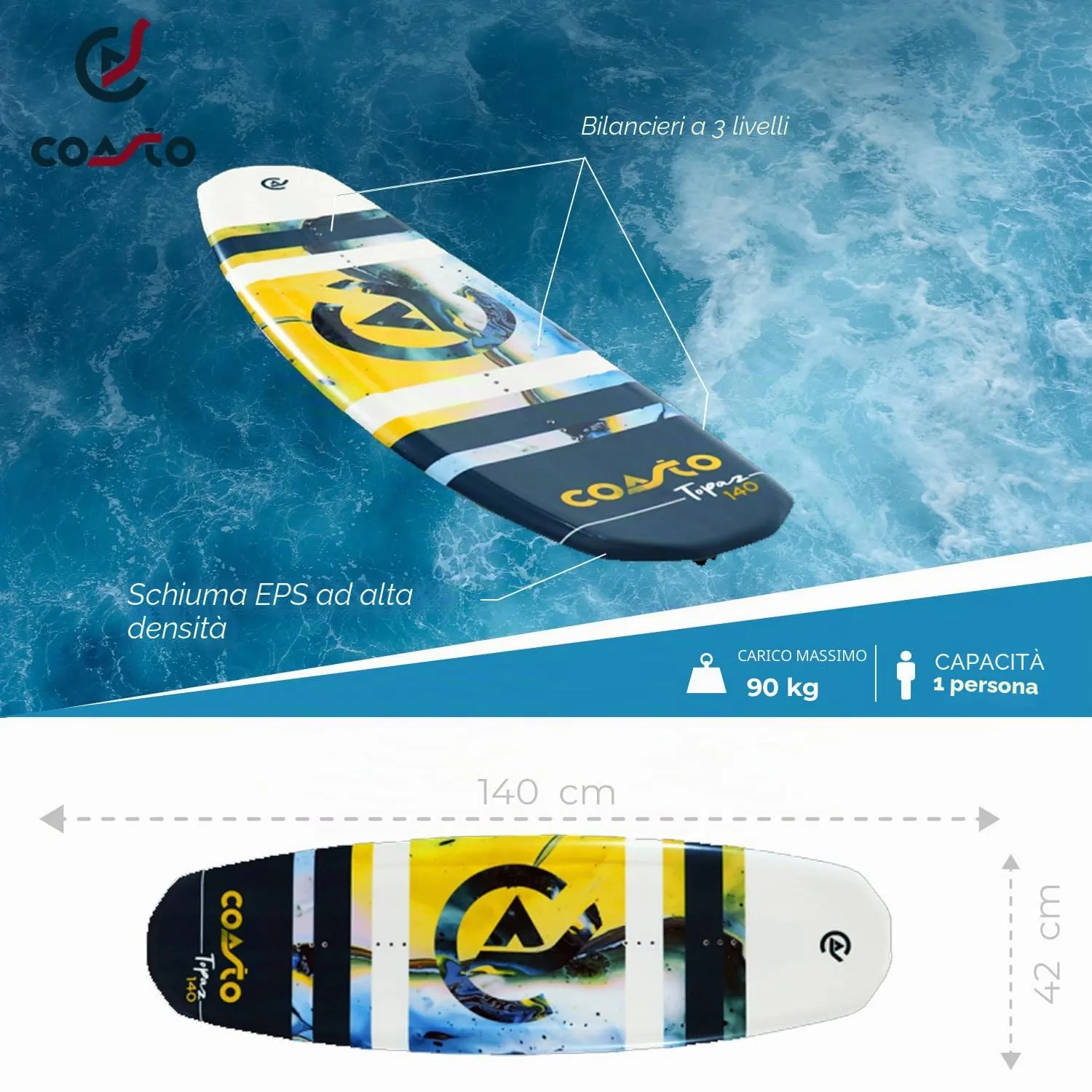 Coasto Topaz 140 wakeboard 140 cm rocker 3 stadi
