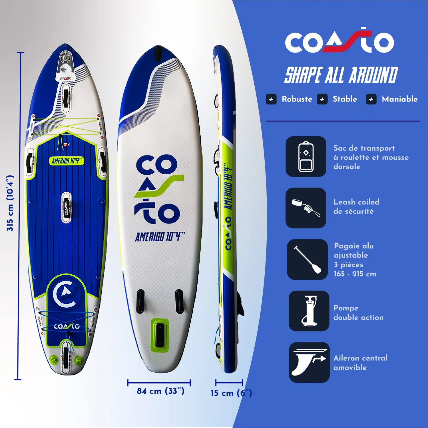 Coasto Amerigo SUP gonfiabile 10'4" blu bianco verde 125 kg