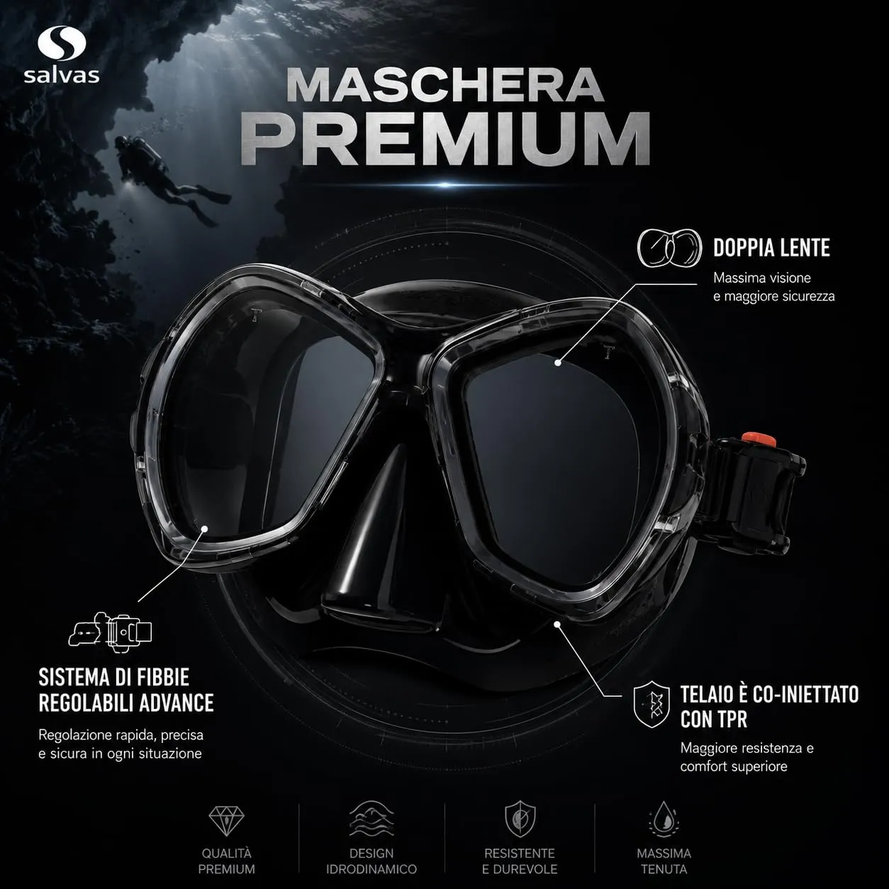 Salvas Phoenix maschera sub nera doppia lente silicone
